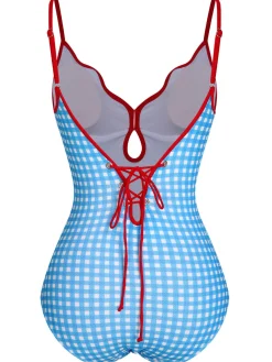 Fashion Retro Stage 1950s Plaid Sling One-Piece Swimsuit Blue