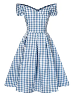 Outlet Retro Stage Blue 1950s Plaid Swing Dress