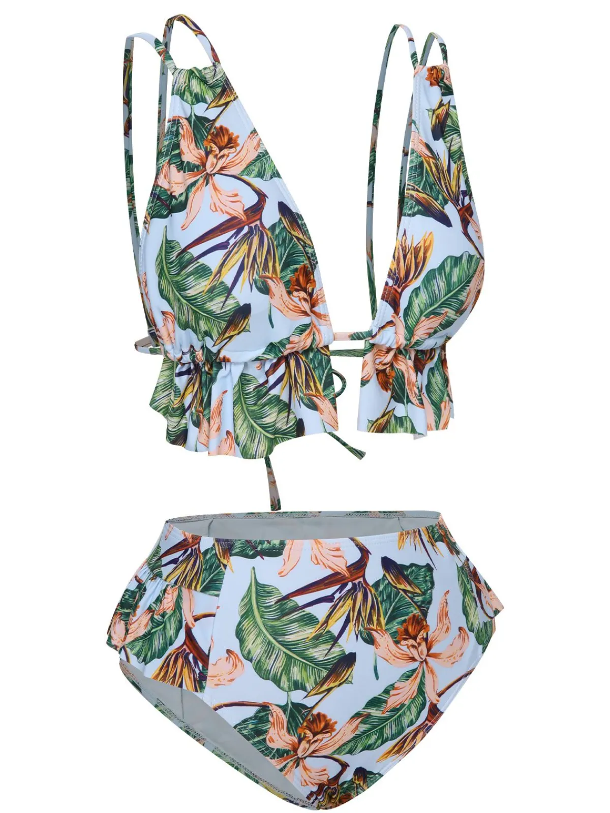 Hot Retro Stage 1960s Plants Back Tie Ruffles Swimsuit Blue