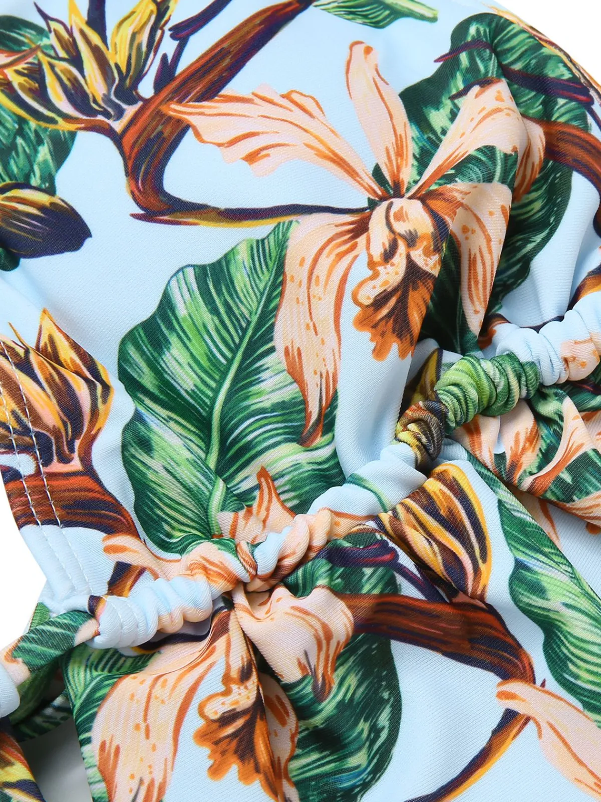 Hot Retro Stage 1960s Plants Back Tie Ruffles Swimsuit Blue