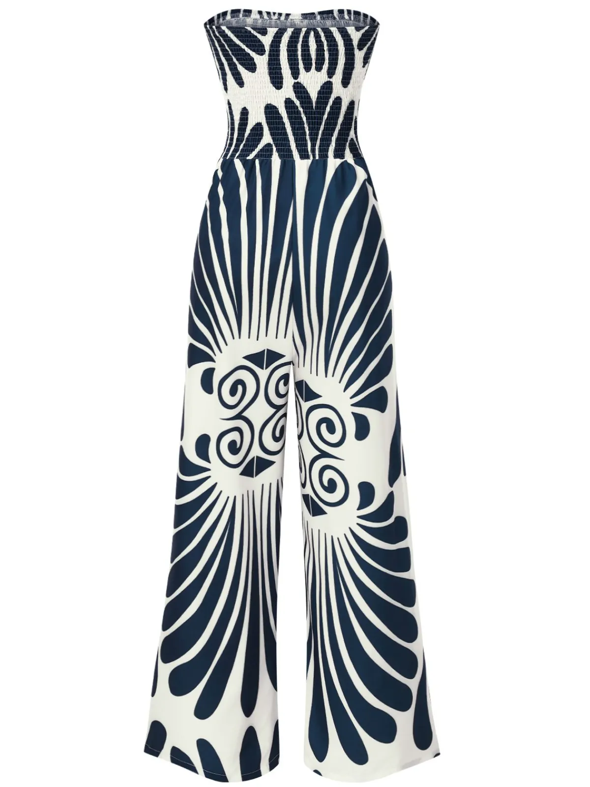 Sale Retro Stage Blue 1960s Plants Off-Shoulder Wide-Leg Jumpsuit Deep Blue
