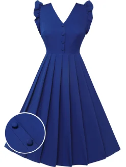 Online Retro Stage 1950s Pleated Ruffles Vest Dress Blue