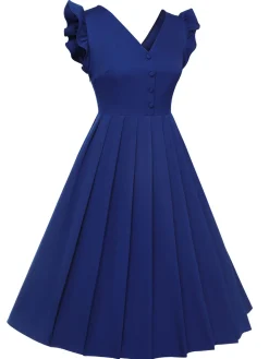 Online Retro Stage 1950s Pleated Ruffles Vest Dress Blue