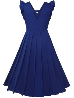 Online Retro Stage 1950s Pleated Ruffles Vest Dress Blue