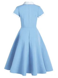 Outlet Retro Stage Blue 1950s Pocket Button Solid Dress Light Blue