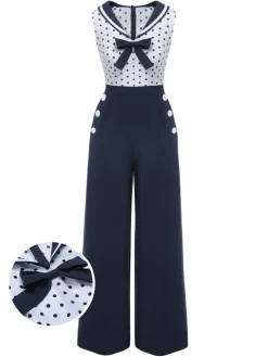 New Retro Stage 1940s Polka Dot Bow Lapel Jumpsuit Blue