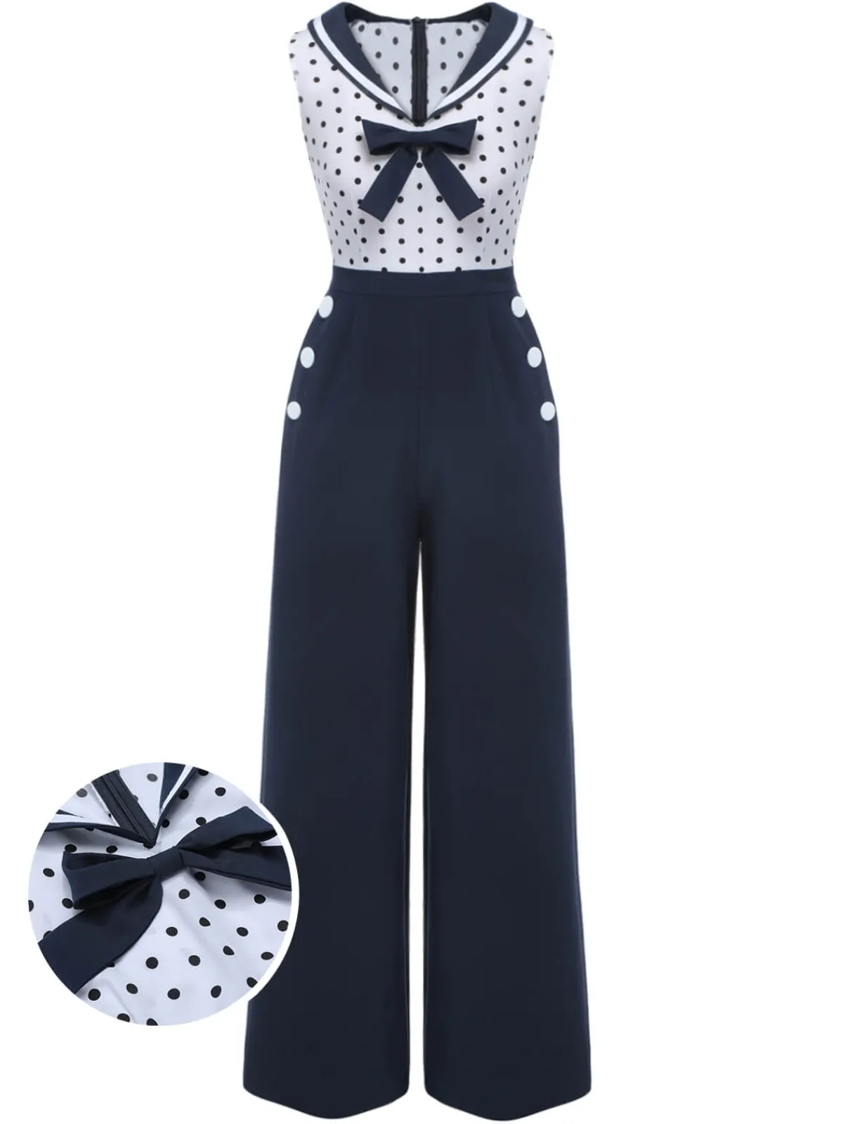 New Retro Stage 1940s Polka Dot Bow Lapel Jumpsuit Blue