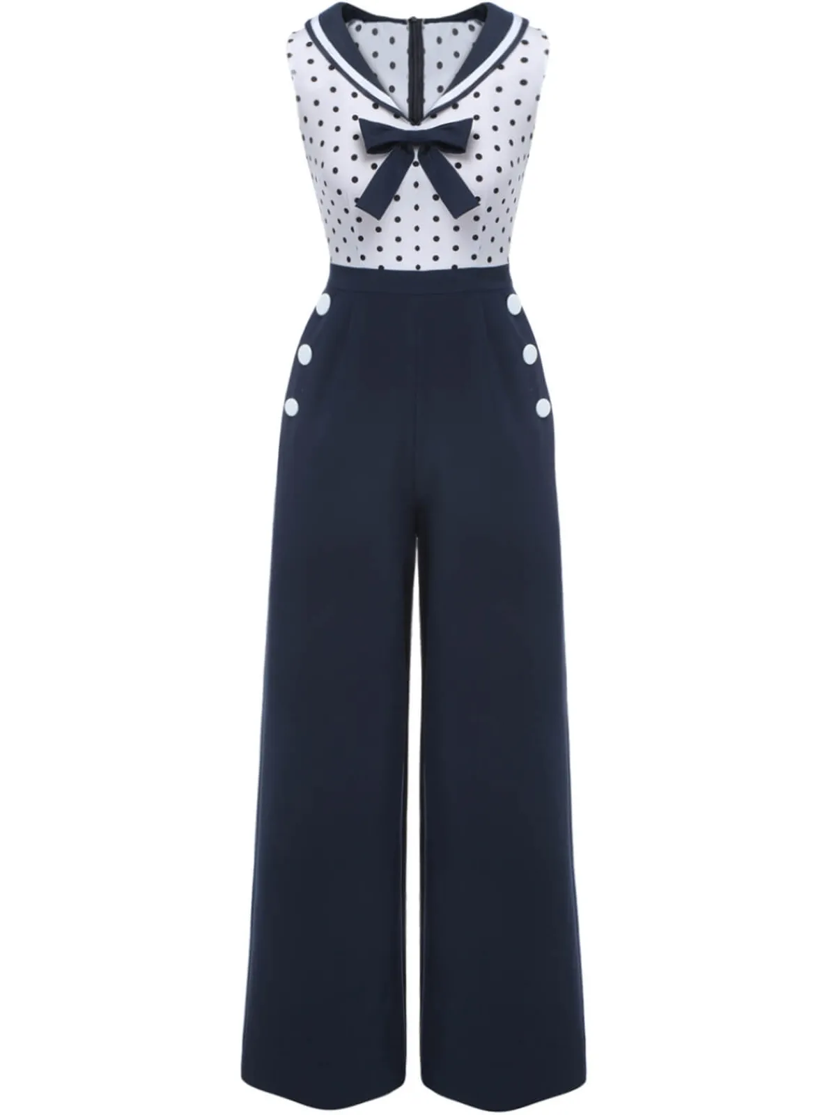 New Retro Stage 1940s Polka Dot Bow Lapel Jumpsuit Blue