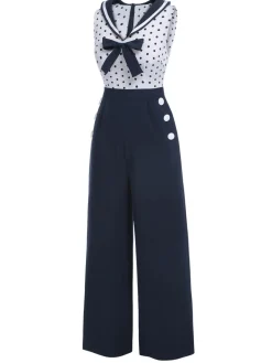 New Retro Stage 1940s Polka Dot Bow Lapel Jumpsuit Blue