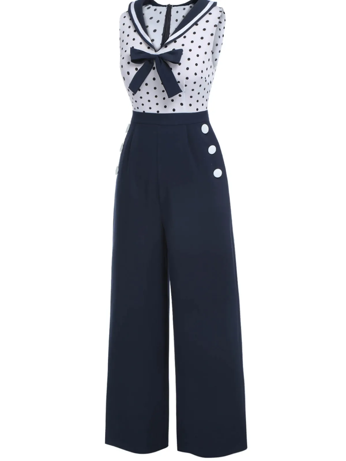 New Retro Stage 1940s Polka Dot Bow Lapel Jumpsuit Blue