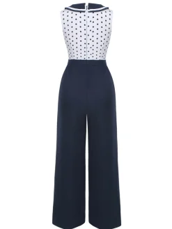 New Retro Stage 1940s Polka Dot Bow Lapel Jumpsuit Blue