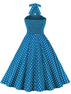 Hot Retro Stage Blue 1950s Polka Dot Halter Dress