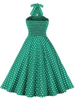 Hot Retro Stage Blue 1950s Polka Dot Halter Dress