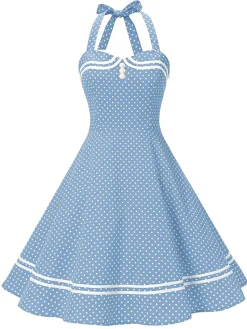 Sale Retro Stage 1950s Polka Dot Halter Swing Dress Blue