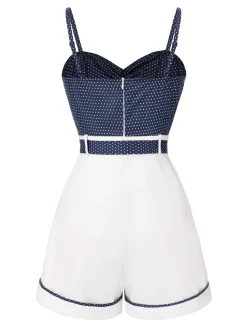 Sale Retro Stage Blue 1940s Polka Dot Patchwork Suspender Romper