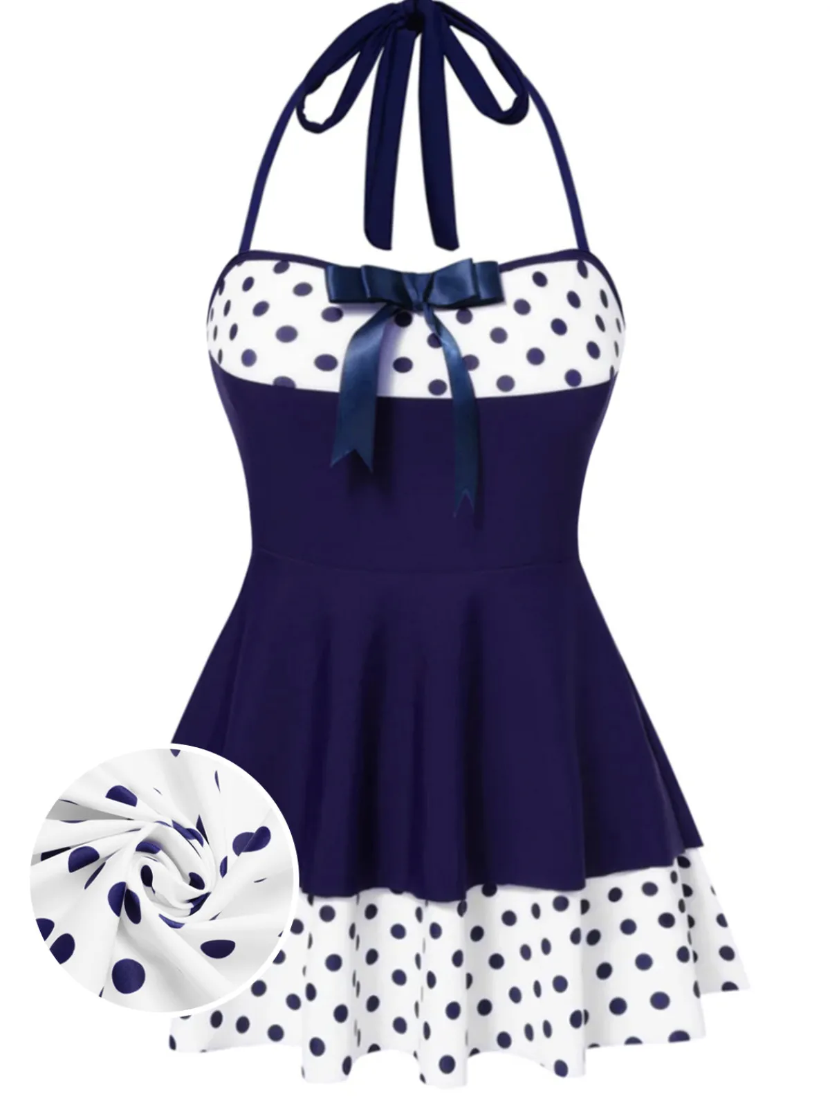 Fashion Retro Stage 1940s Polka Dots Patchwork Halter Swimdress Blue