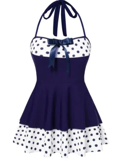 Fashion Retro Stage 1940s Polka Dots Patchwork Halter Swimdress Blue