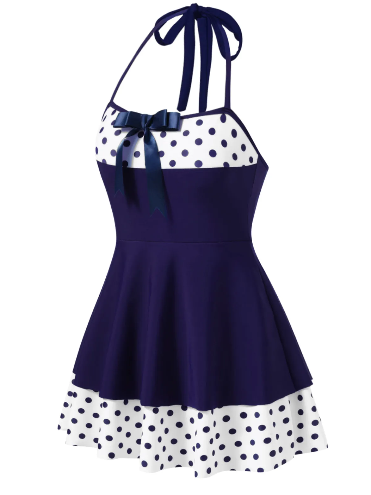 Fashion Retro Stage 1940s Polka Dots Patchwork Halter Swimdress Blue