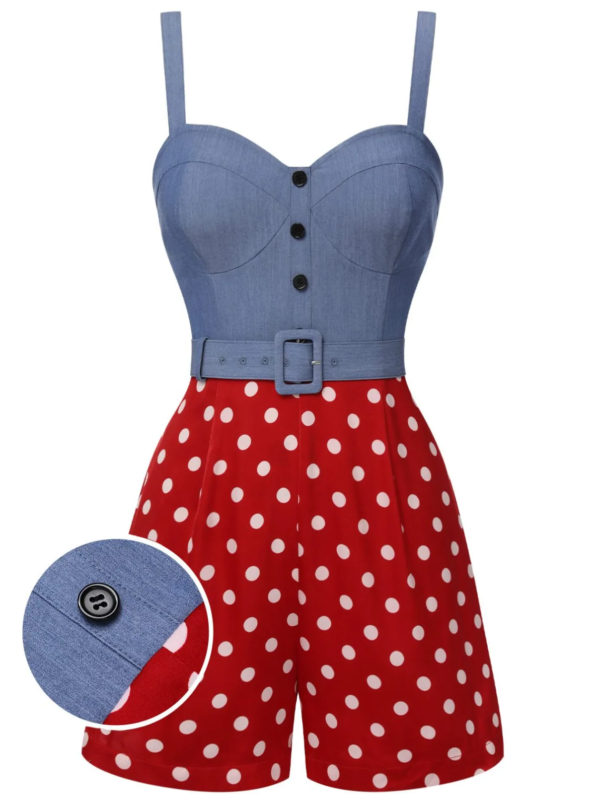 Discount Retro Stage Blue 1960s Polka Dots Spaghetti Straps Romper Blue & Red