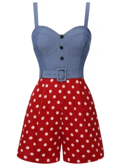 Discount Retro Stage Blue 1960s Polka Dots Spaghetti Straps Romper Blue & Red