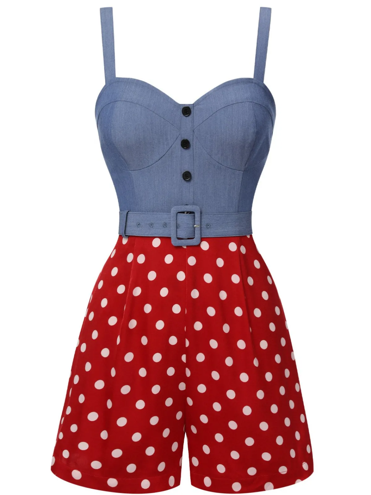 Discount Retro Stage Blue 1960s Polka Dots Spaghetti Straps Romper Blue & Red