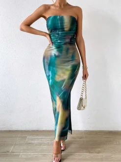 Best Retro Stage 1970s Psychedelic Print Bandeau Bodycon Dress Blue