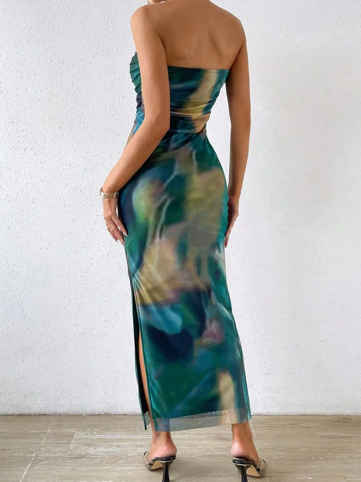 Best Retro Stage 1970s Psychedelic Print Bandeau Bodycon Dress Blue