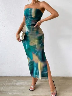 Best Retro Stage 1970s Psychedelic Print Bandeau Bodycon Dress Blue