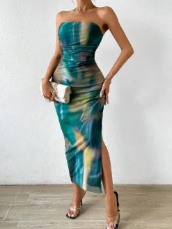 Best Retro Stage 1970s Psychedelic Print Bandeau Bodycon Dress Blue