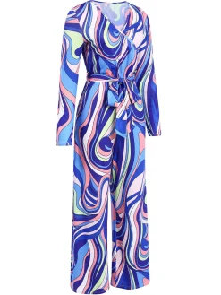 Fashion Retro Stage 1980s Psychedelic Print Tie-Waist Jumpsuit Blue
