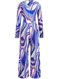 Fashion Retro Stage 1980s Psychedelic Print Tie-Waist Jumpsuit Blue