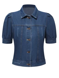 Sale Retro Stage 1950s Puff Sleeve Denim Cropped Coat Blue