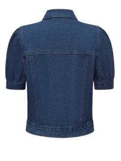 Sale Retro Stage 1950s Puff Sleeve Denim Cropped Coat Blue
