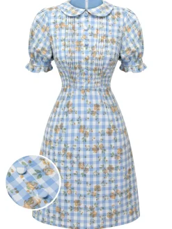 Discount Retro Stage 1960s Puff Sleeve Floral Plaid Dress Blue