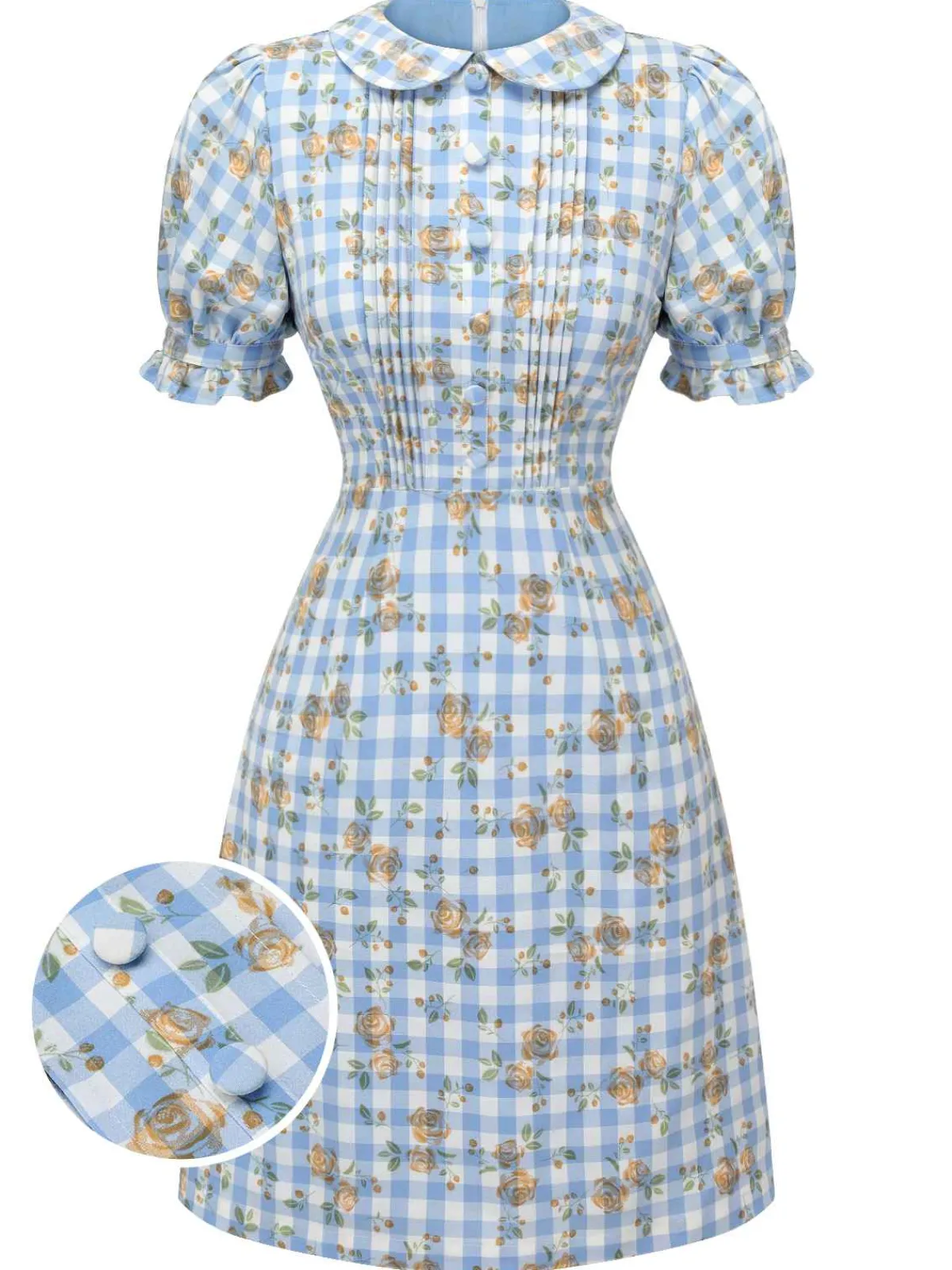 Discount Retro Stage 1960s Puff Sleeve Floral Plaid Dress Blue