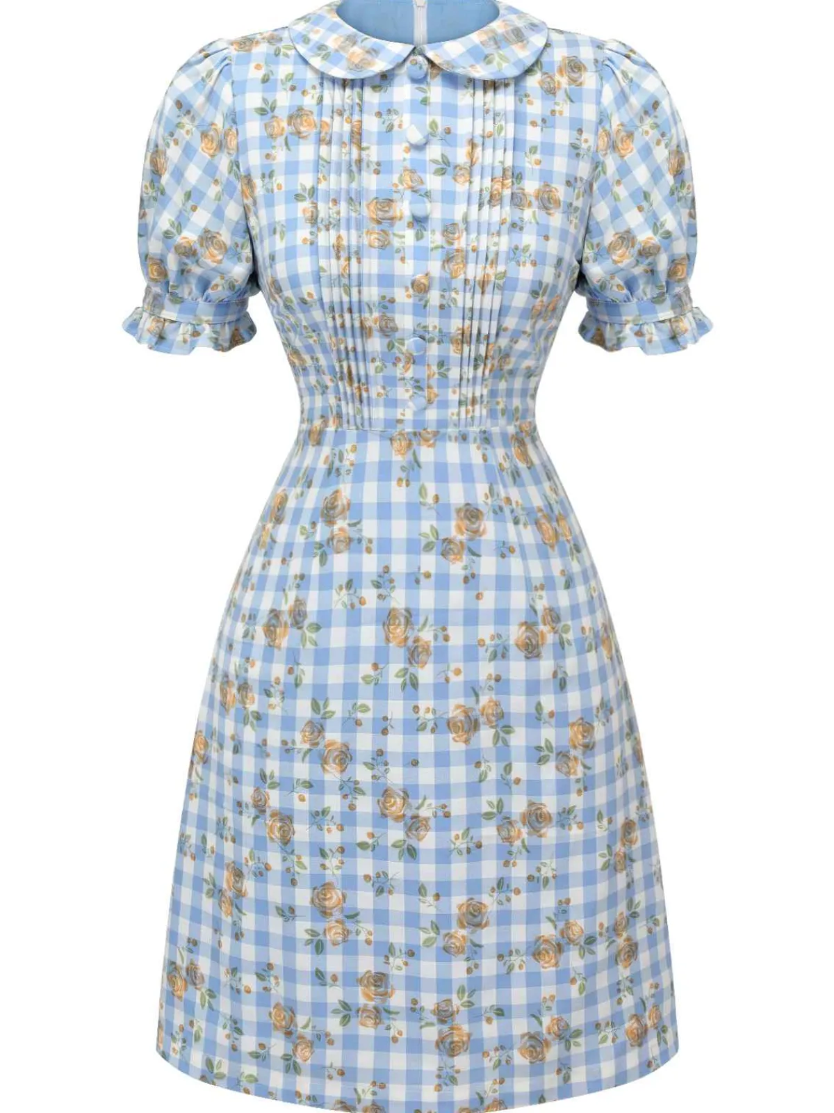 Discount Retro Stage 1960s Puff Sleeve Floral Plaid Dress Blue