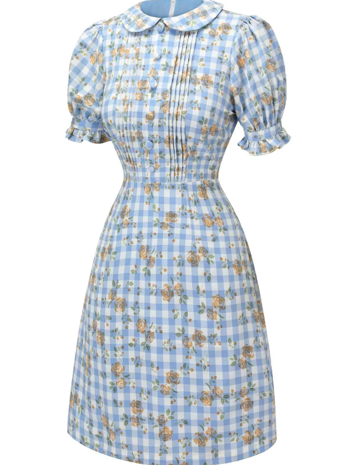 Discount Retro Stage 1960s Puff Sleeve Floral Plaid Dress Blue