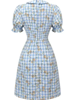 Discount Retro Stage 1960s Puff Sleeve Floral Plaid Dress Blue