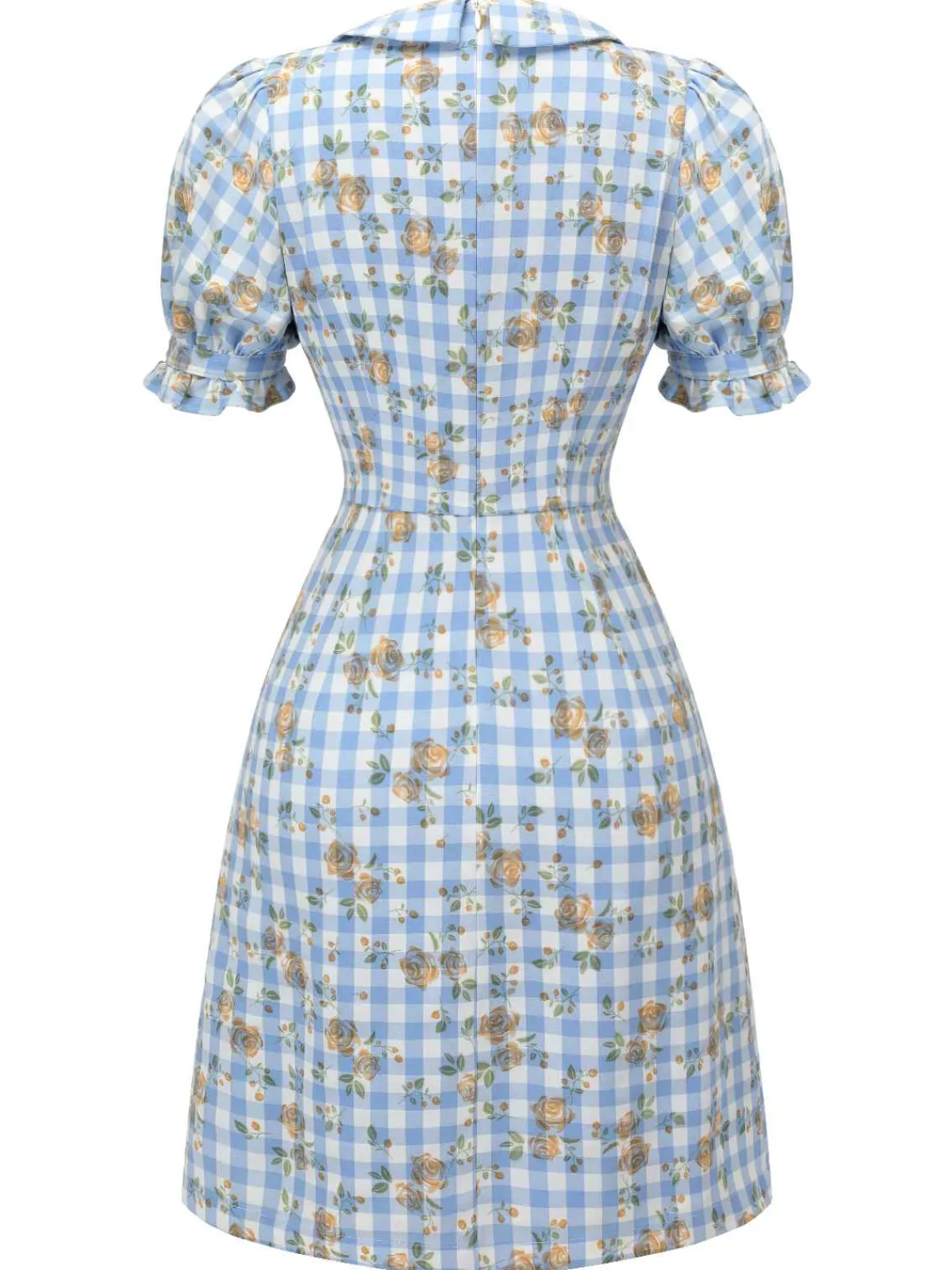 Discount Retro Stage 1960s Puff Sleeve Floral Plaid Dress Blue