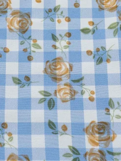 Discount Retro Stage 1960s Puff Sleeve Floral Plaid Dress Blue