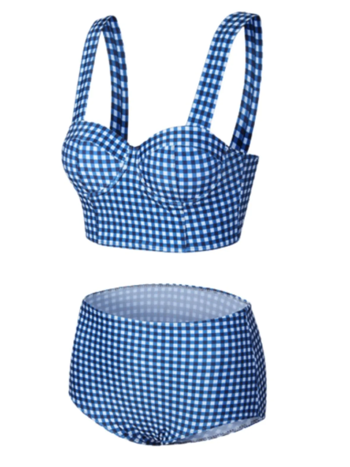 Hot Retro Stage 1950s Retro Plaid Strap Bikini Set Blue