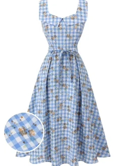 Discount Retro Stage 1940s Rose Gingham Lace Up Dress Blue