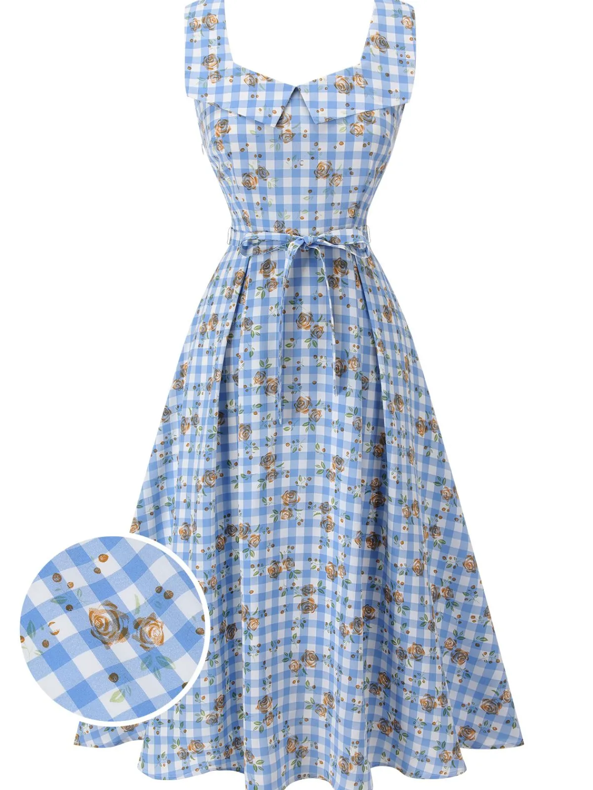 Discount Retro Stage 1940s Rose Gingham Lace Up Dress Blue