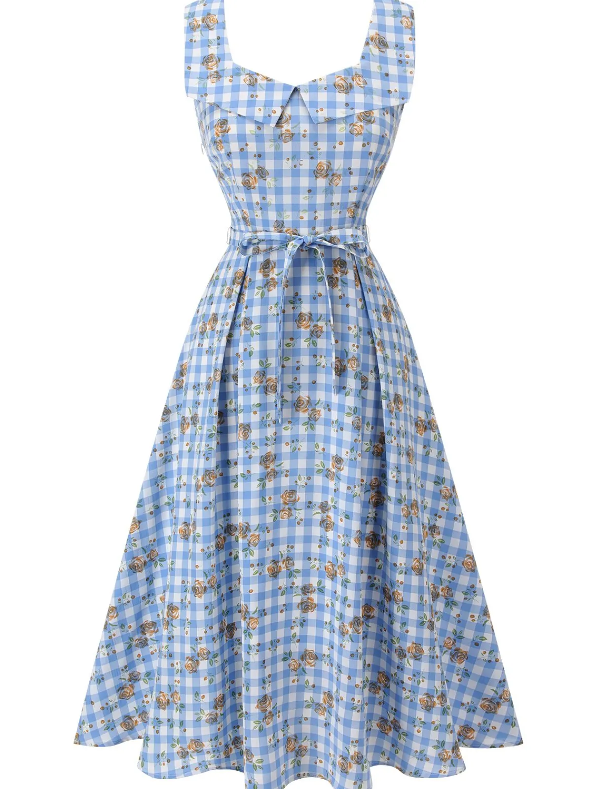 Discount Retro Stage 1940s Rose Gingham Lace Up Dress Blue