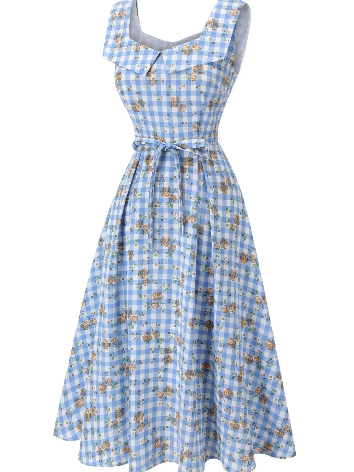Discount Retro Stage 1940s Rose Gingham Lace Up Dress Blue