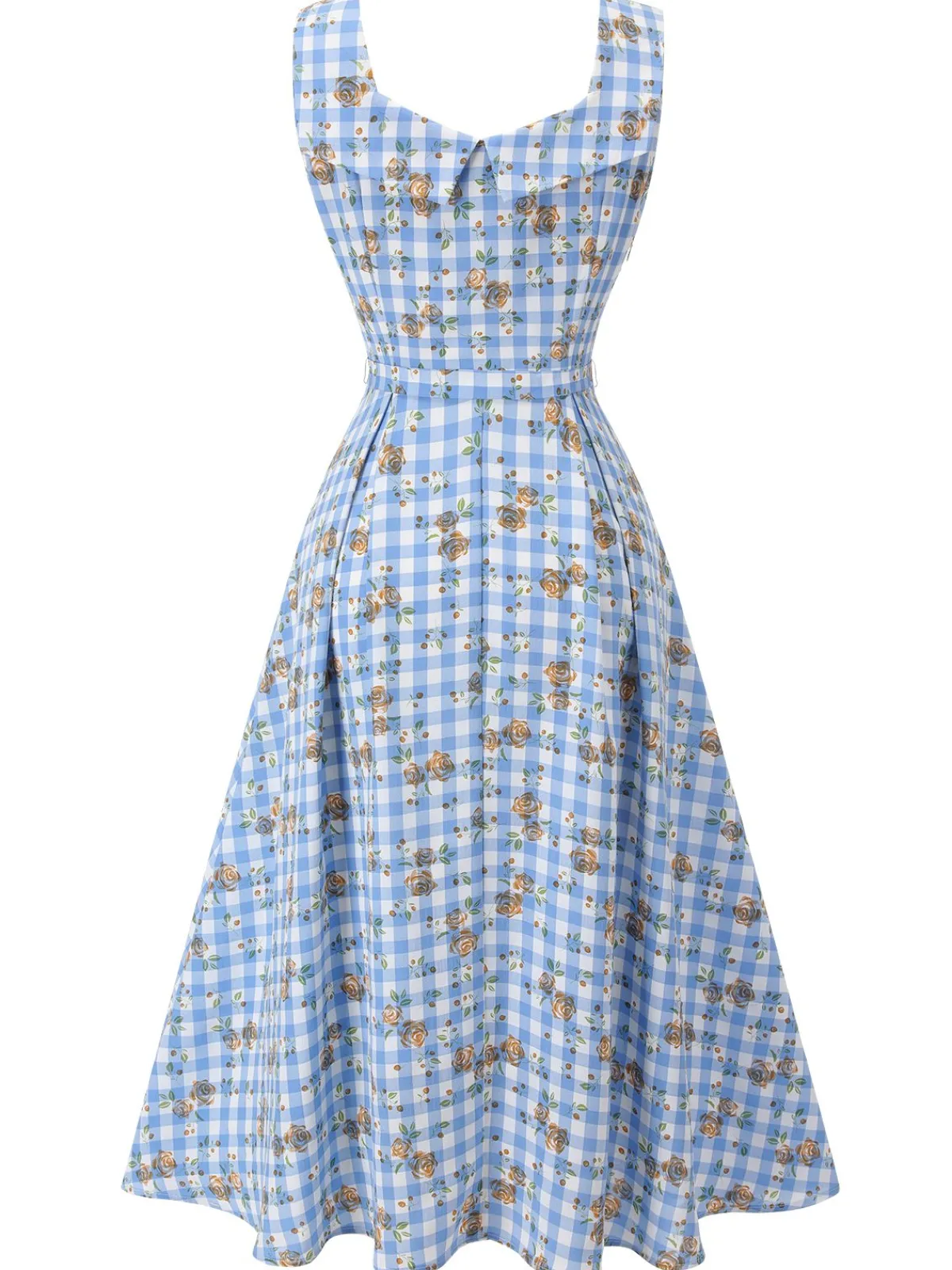 Discount Retro Stage 1940s Rose Gingham Lace Up Dress Blue