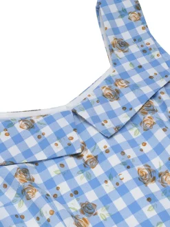 Discount Retro Stage 1940s Rose Gingham Lace Up Dress Blue