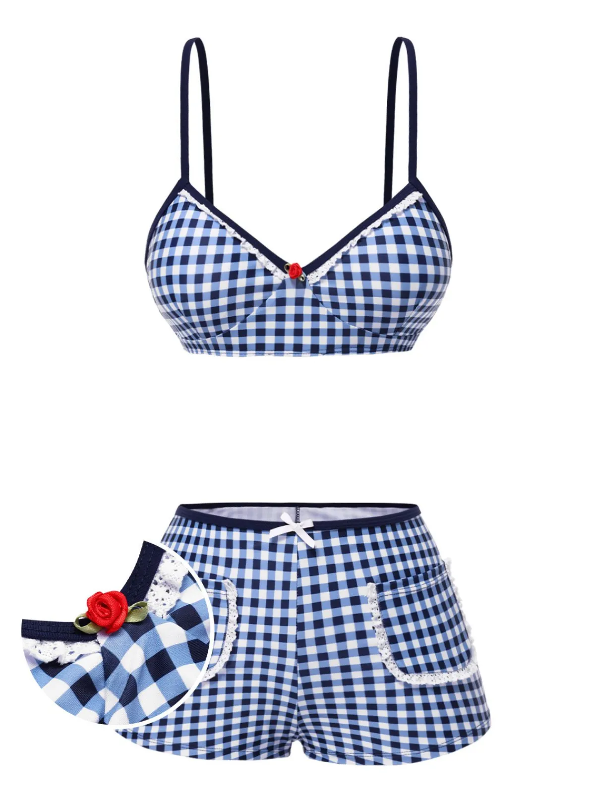 New Retro Stage Blue 1930s Rose Gingham Plaid Straps Swimsuit Deep Blue