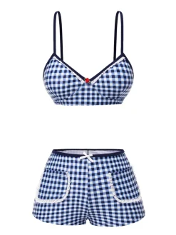 New Retro Stage Blue 1930s Rose Gingham Plaid Straps Swimsuit Deep Blue