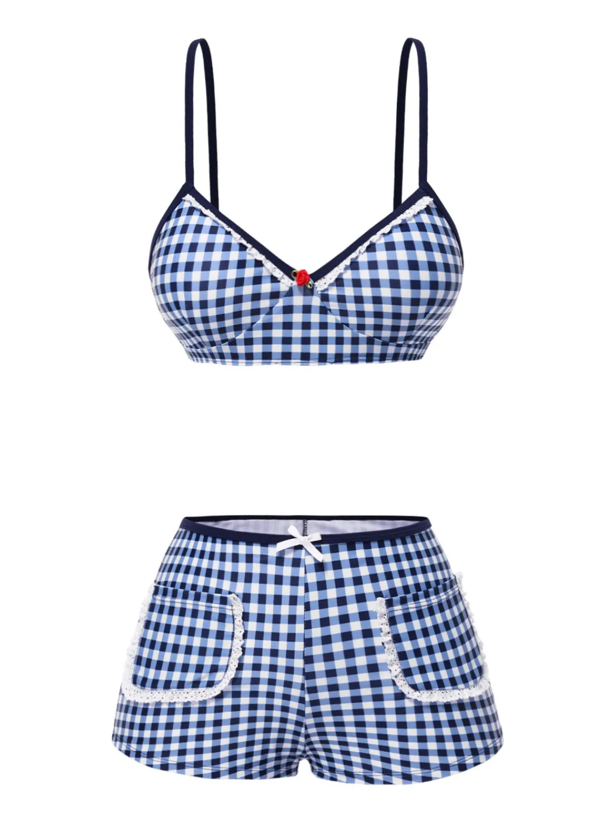 New Retro Stage Blue 1930s Rose Gingham Plaid Straps Swimsuit Deep Blue